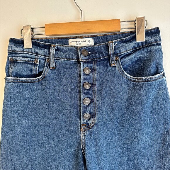 Abercrombie & Fitch The Mom High Rise Button Fly Raw Hem Medium Wash Size 28 - Picture 3 of 4